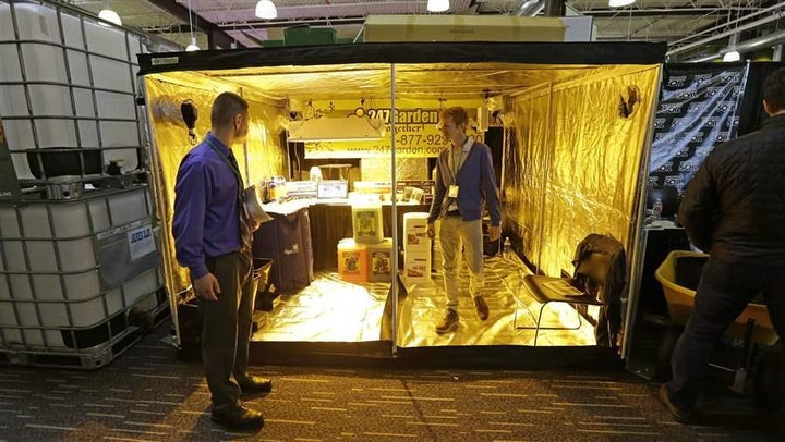 247Garden, a wholesale distributor of indoor garden and hydroponics growing supplies, exhibits a growing structure at a marijuana business trade show in Seattle. The Small Business Administration will no longer back loans to firms that derive any portion of their revenue from the cannabis industry, such as hydroponics makers that market to cannabis clients. 