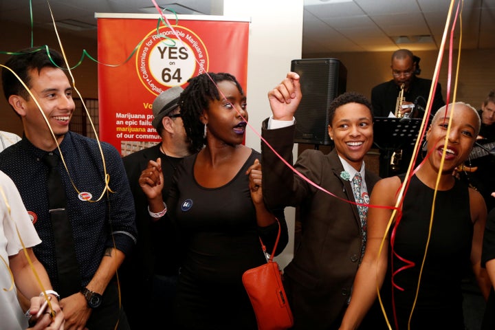 People celebrate after Californians voted to pass Prop 64, legalizing recreational use of marijuana in the state.