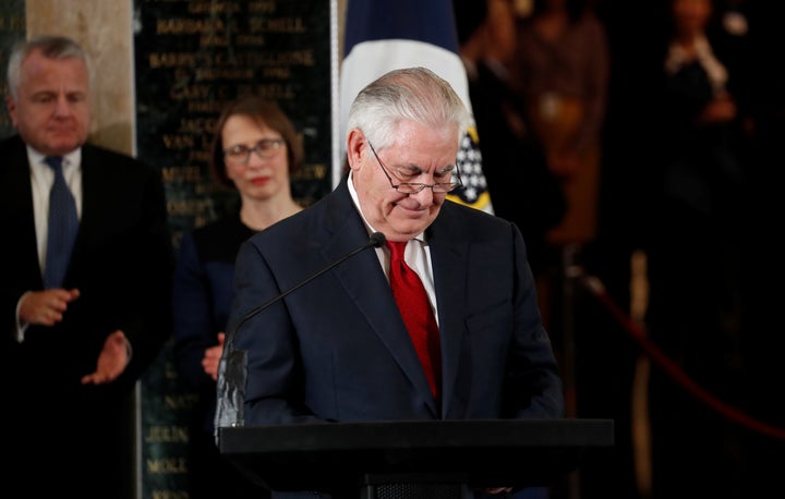 Then-Secretary of State Rex Tillerson&nbsp;departs&nbsp;the State Department after delivering parting remarks on March 22. He