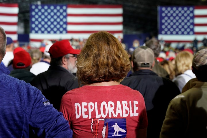 A supporter of Donald Trump wears a shirt with the word "deplorable" at the president's April 28 rally in Michigan.