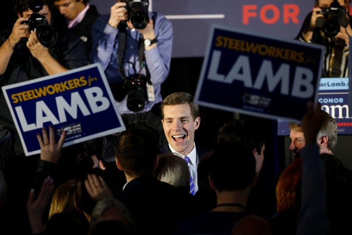 Now-Congressman Conor Lamb, a Democrat, is greeted by supporters on the night of the March 13 special election in Pennsylvani