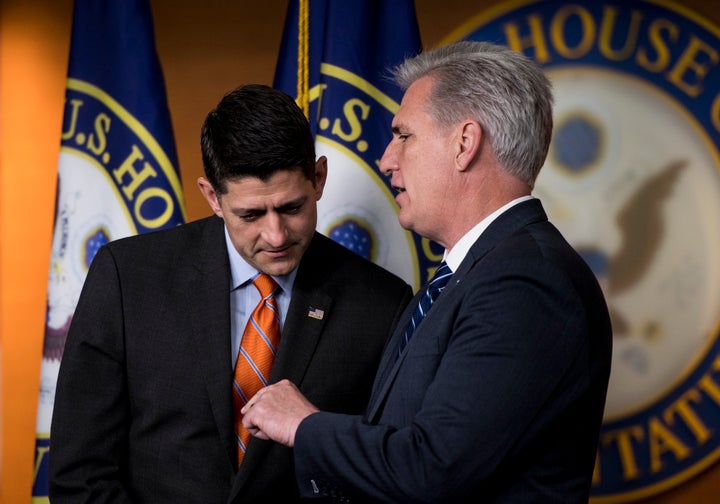 House GOP leaders Paul Ryan and Kevin McCarthy at the Capitol on May 16. With Democratic opposition to the current farm bill, they are navigating vying Republican factions to get it passed.