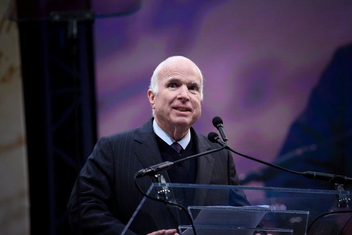 Sen. John McCain (R-Ariz.) speaks after being awarded the 2017 Liberty Medal by former Vice President Joe Biden in Philadelphia on Oct. 16, 2017.