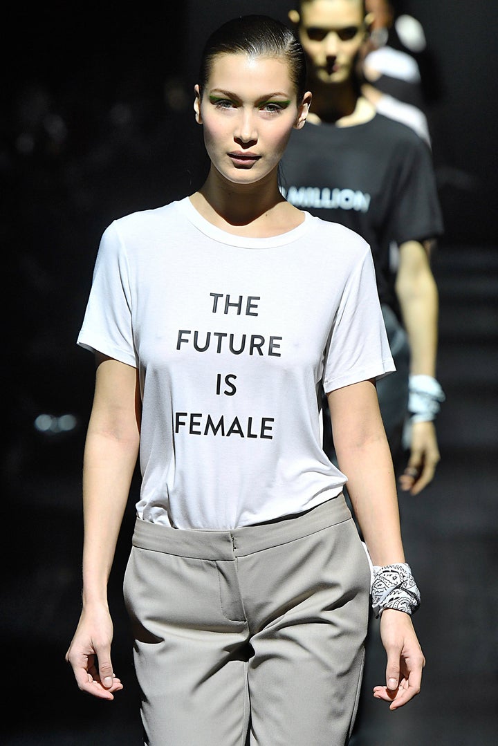A model walks in the finale of the Prabal Gurung Fall/Winter 2017 collection, wearing a T-shirt with a message that reportedl