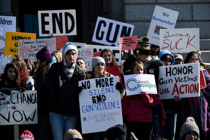 Anti-gun violence protesters in Colorado on Feb. 21, 2018. Boulder, Colorado, voted unanimously this week to ban assault weapons and high-capacity magazines.