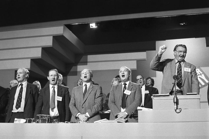 Tony Benn (far left) and Neil Kinnock (centre) clashed over Europe in the 1980s.