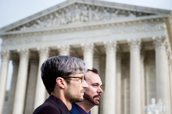 Dave Mullins, left, and Charlie Craig outside the Supreme Court after arguments in Masterpiece Cakeshop v. Colorado Civil Rights Commission on Dec. 5, 2017. They filed a complaint against the bakery’s owner in July 2012 after he refused to make a cake for their wedding reception.