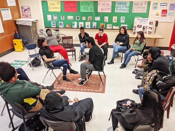 A community building circle in Tatiana Chaterji's classroom at Fremont High School in the Oakland Unified School District.