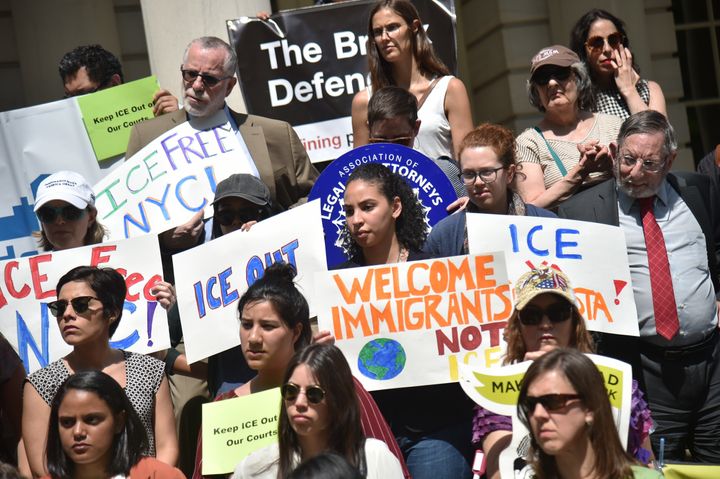 Advocates in New York City demand that Immigration and Customs Enforcement be barred from arresting people in courthouses, except when authorized by a judicial warrant, on May 9, 2018.