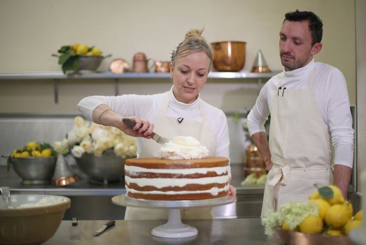 Claire Ptak and head baker Izaak Adams added the finishing touches in the kitchens at Buckingham Palace.