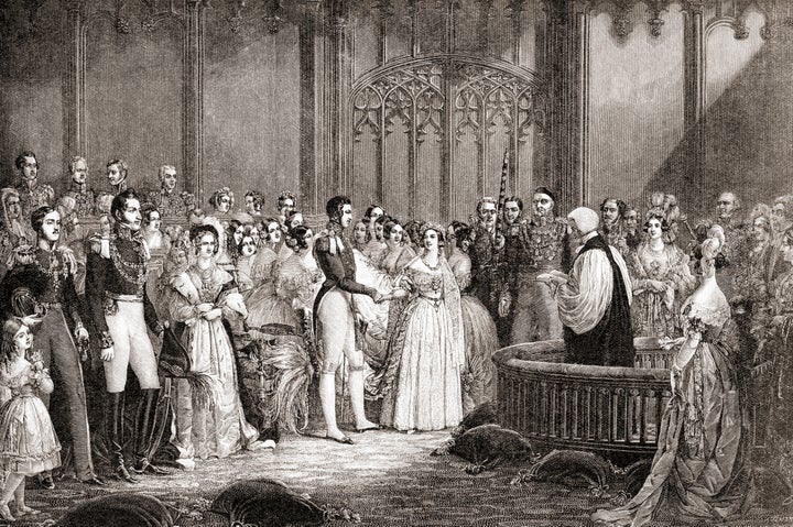 The marriage of Queen Victoria and Prince Albert of Saxe-Coburg and Gotha, 10 February 10, 1840. The queen wore a white dress, which was seen as unconventional at the time. 