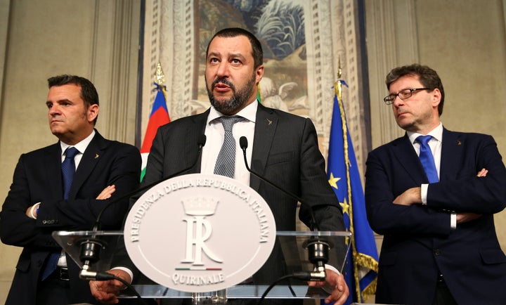 League party leader Matteo Salvini speaks to the media during the second day of consultations with Italian President Sergio M