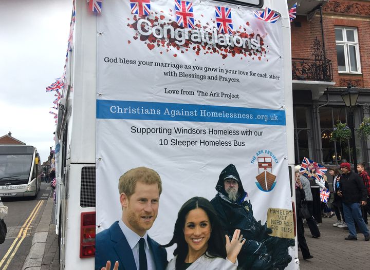 A homelessness bus in Windsor as a homeless charity offering refuge to rough sleepers on a double-decker bus was seen driving through Windsor ahead of Saturday's Royal Wedding.