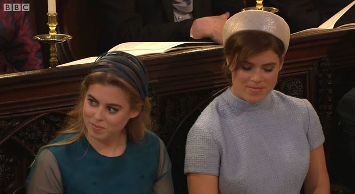 And Princess Beatrice (left) and Princess Eugenie appeared to be greatly enjoying the address.