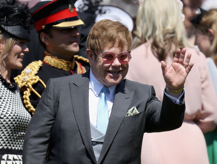 Sir Elton John arrives at the wedding of Prince Harry and Meghan Markle on May 19. 