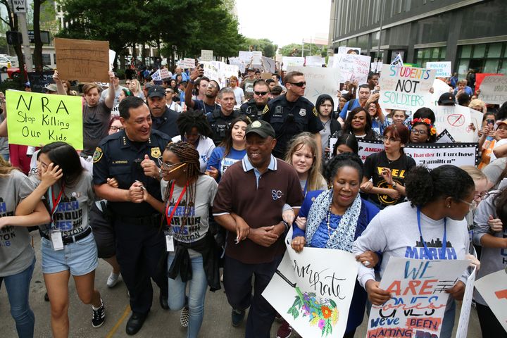 Houston Police Chief Art Acevedo, Mayor Sylvester Turner, U.S. Rep. Sheila Jackson Lee and student organizers at Houston's March for Our Lives rally on March 24.