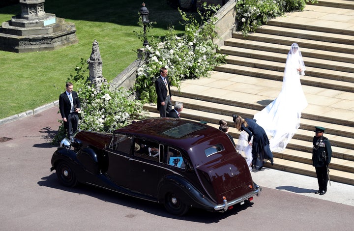 Meghan Markle arrives at St George's Chapel at Windsor Castle for her wedding to Prince Harry.