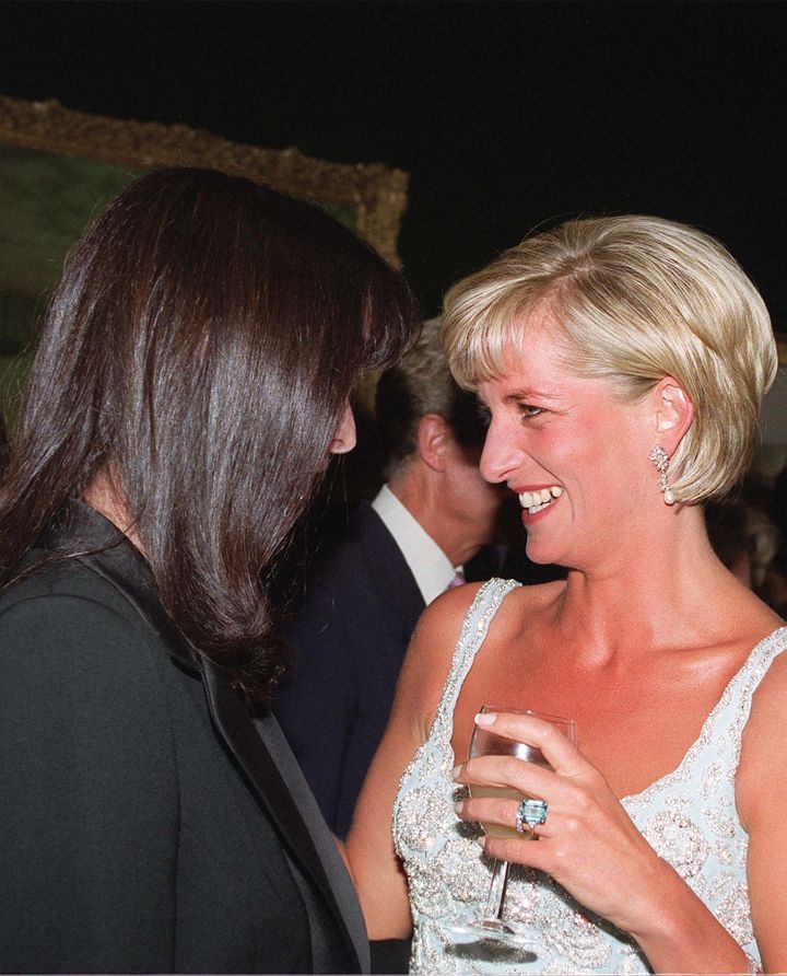 Diana, Princess of Wales, pictured wearing a large emerald ring in a style similar to that of a ring worn by Meghan Markle on Saturday.