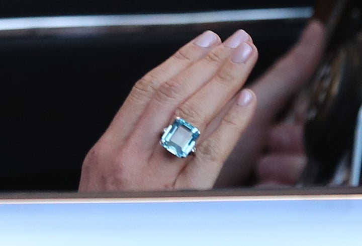 Close up of the ring worn by the newly married Duchess of Sussex, Meghan Markle leaving Windsor Castle with Prince Harry after their wedding.