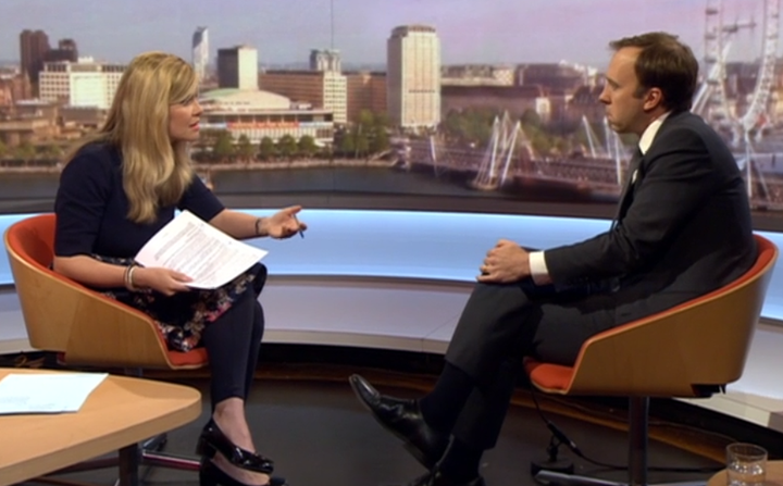 Emma Barnett took on Culture Secretary Matt Hancock as she filled in for Andrew Marr 