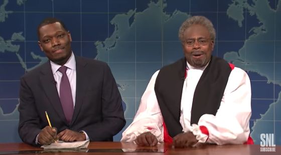 Kenan Thompson playing Bishop Curry, with Michael Che.