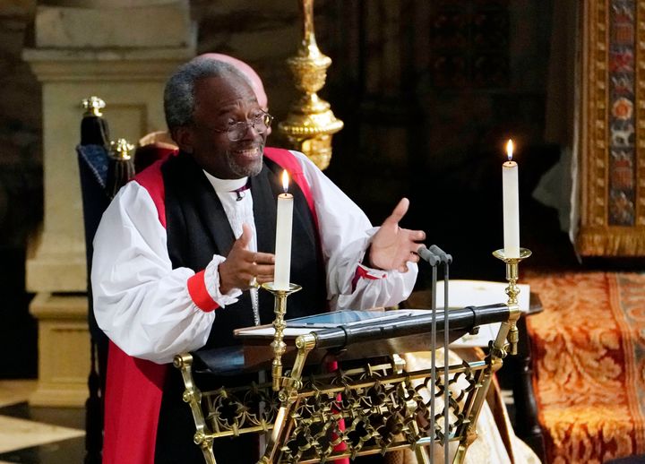 Bishop Michael Curry gives an address during the wedding of Prince Harry and Meghan Markle in St George's Chapel at Windsor Castle.