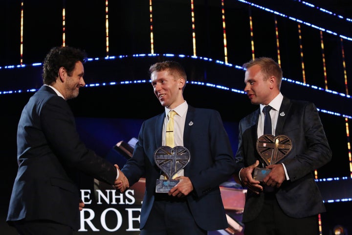 Michael Sheen presented Rich Morton (left) and Dan Farnworth (right) with the 'mental health champion' award. 