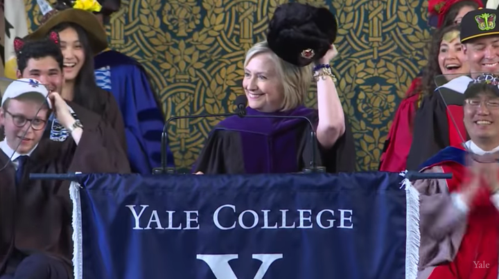 As per Yale tradition, Hillary Clinton brought a hat to commencement.