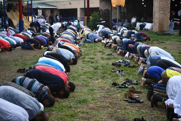 Worshippers pray in Stafford, Texas, during the funeral service of Santa Fe High School shooting victim Sabika Sheikh, 17, on