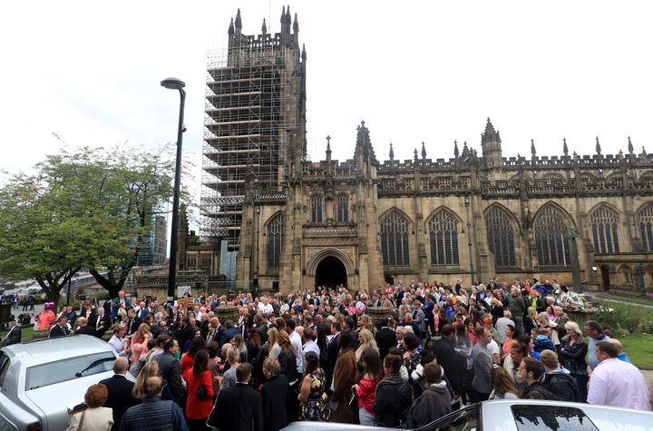 Mourners outside Manchester Cathedral after the funeral service of Saffie Roussos, who died in the arena bombing