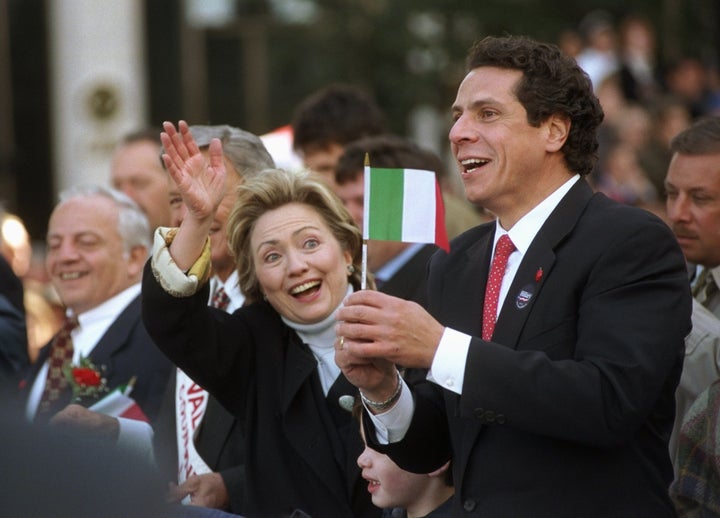 Then-Housing and Urban Development Secretary Andrew Cuomo is seen with then-New York Senate candidate Hillary Clinton during a Columbus Day Parade in New York in 2000.