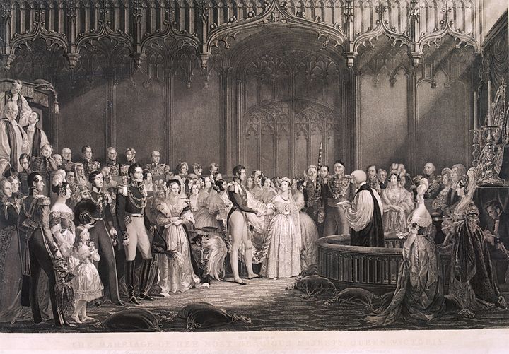 Queen Victoria weds Prince Albert at St. James's Palace in 1840. She had been escorted down the aisle by her favorite uncle.