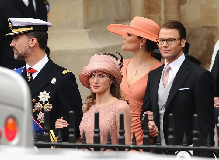 Then-Prince Felipe and then-Princess Letizia of Spain (now the king and queen) and Crown Princess Victoria and Prince Daniel of Sweden exit Westminster Abbey after the 2011 royal wedding.