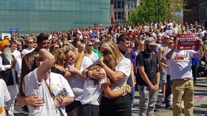 There were emotional scenes from the Cathedral Gardens in Manchester as crowds watched the commemoration service on huge screens