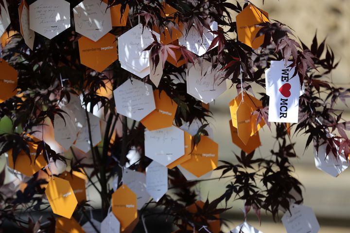 Messages hang on a Tree of Hope in Manchester 