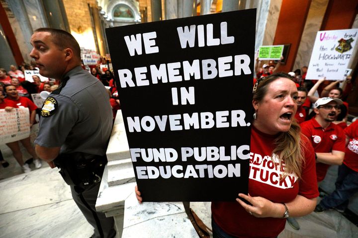 Kentucky's protesting teachers said they'd vote against lawmakers who'd voted to alter their pensions and cut school budgets in upcoming elections.