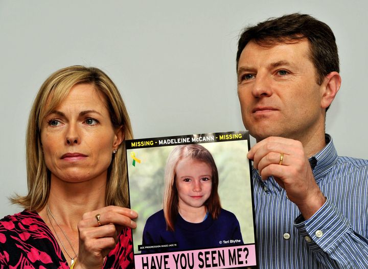 Gerry and Kate McCann the parents of missing Madeleine McCann who vanished in Portugal pose with a composition of what Maddie may have looked like in 2012.
