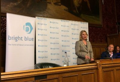 Former Education Secretary Justine Greening speaks at a Bright Blue event in Parliament in May.