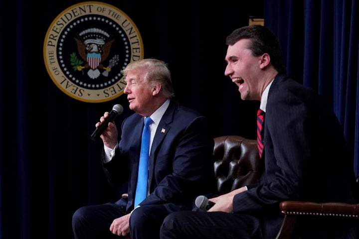 Charlie Kirk, founder of Turning Point USA, laughs during a youth forum at the White House, March 22, 2018.