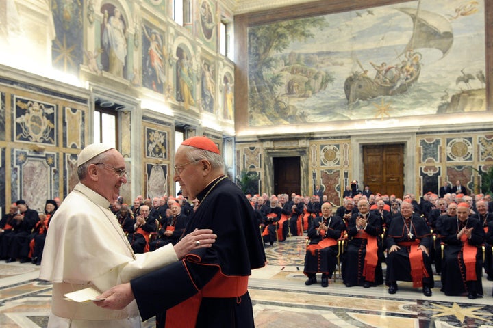 Pope Francis greets Cardinal Angelo Sodano, the dean of the College of Cardinals, in the Clementine Hall in a picture release