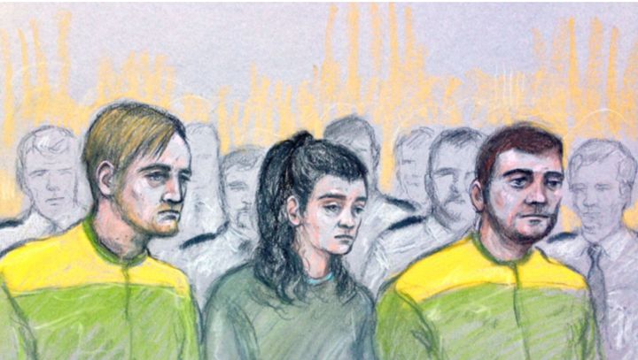 Zak Bolland, left, Courtney Brierley and David Worrall are seen above in a court sketch