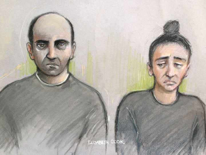 A court artist sketch of Ouissem Medouni, left, and his partner Sabrina Kouider, who killed French nanny Sophie Lionnet in the bath