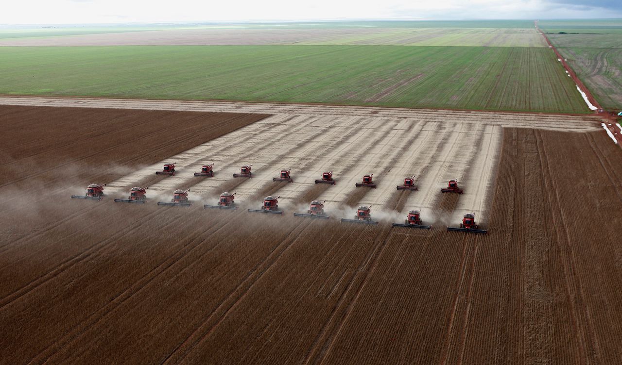 Workers harvesting soybeans in Cuiaba, Brazil. Intensive monoculture farming — growing a single crop over a large area — is linked to deforestation, pollution and degraded soil.