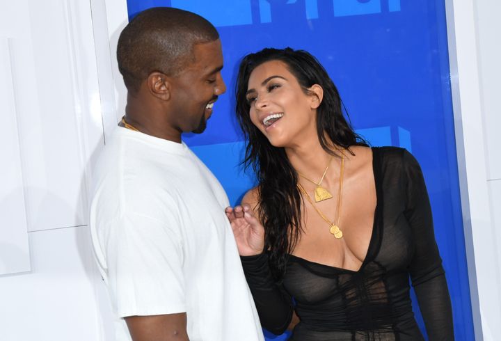 Kanye West and Kim Kardashian looking happy together at the 2016 MTV Video Music Awards.