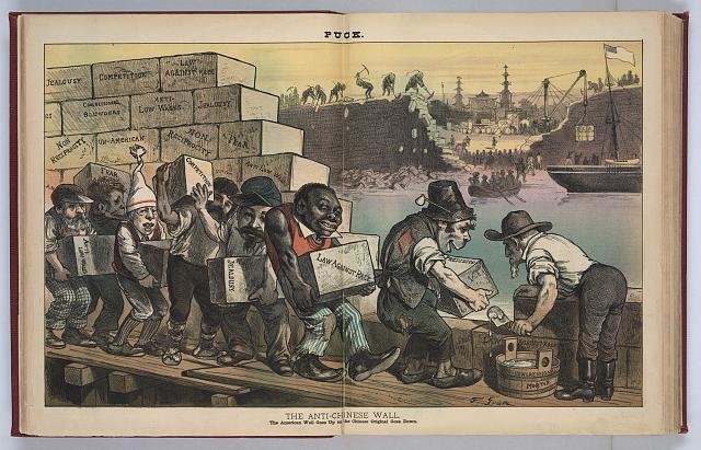 “The Anti-Chinese Wall,” an 1882 political cartoon from “The Puck” magazine, which reads: “The American Wall Goes Up as the Chinese Original Goes down.” Courtesy of the Library of Congress.