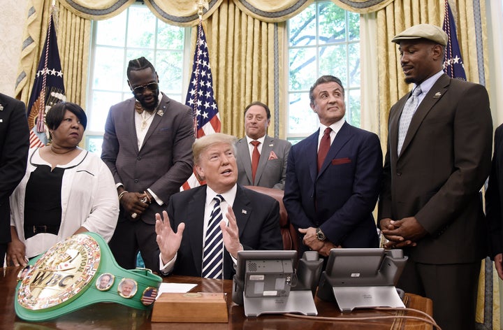 Donald Trump speaks after granting posthumous pardon to former heavyweight champion Jack Johnson in the Oval Office on May 24