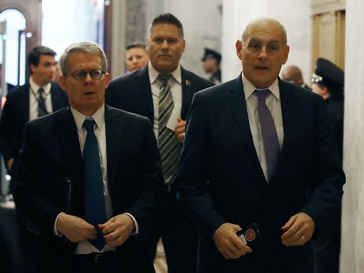 White House Chief of Staff John Kelly (R) and White House lawyer Emmet Flood (L) arrive to attend a briefing with members of the so-called 'Gang of Eight' at the U.S. Capitol May 24, 2018 in Washington, DC.