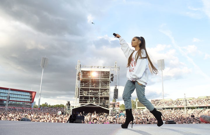 Grande performs on stage during the One Love Manchester Benefit Concert at Old Trafford Cricket Ground on June 4, 2017 in Manchester, England.