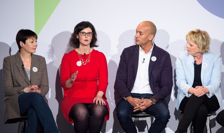 Green MP Caroline Lucas, Lib Dem MP Layla Moran, Labour MP Chuka Umunna and Conservative MP Anna Soubry at a rally to launch People's Vote, at the Electric Ballroom in Camden, north London.