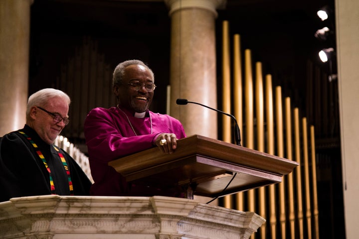 Bishop Michael Curry, presiding bishop of the Episcopal Church, preaches at the National City Christian Church in Washington, D.C., before a march to the White House.